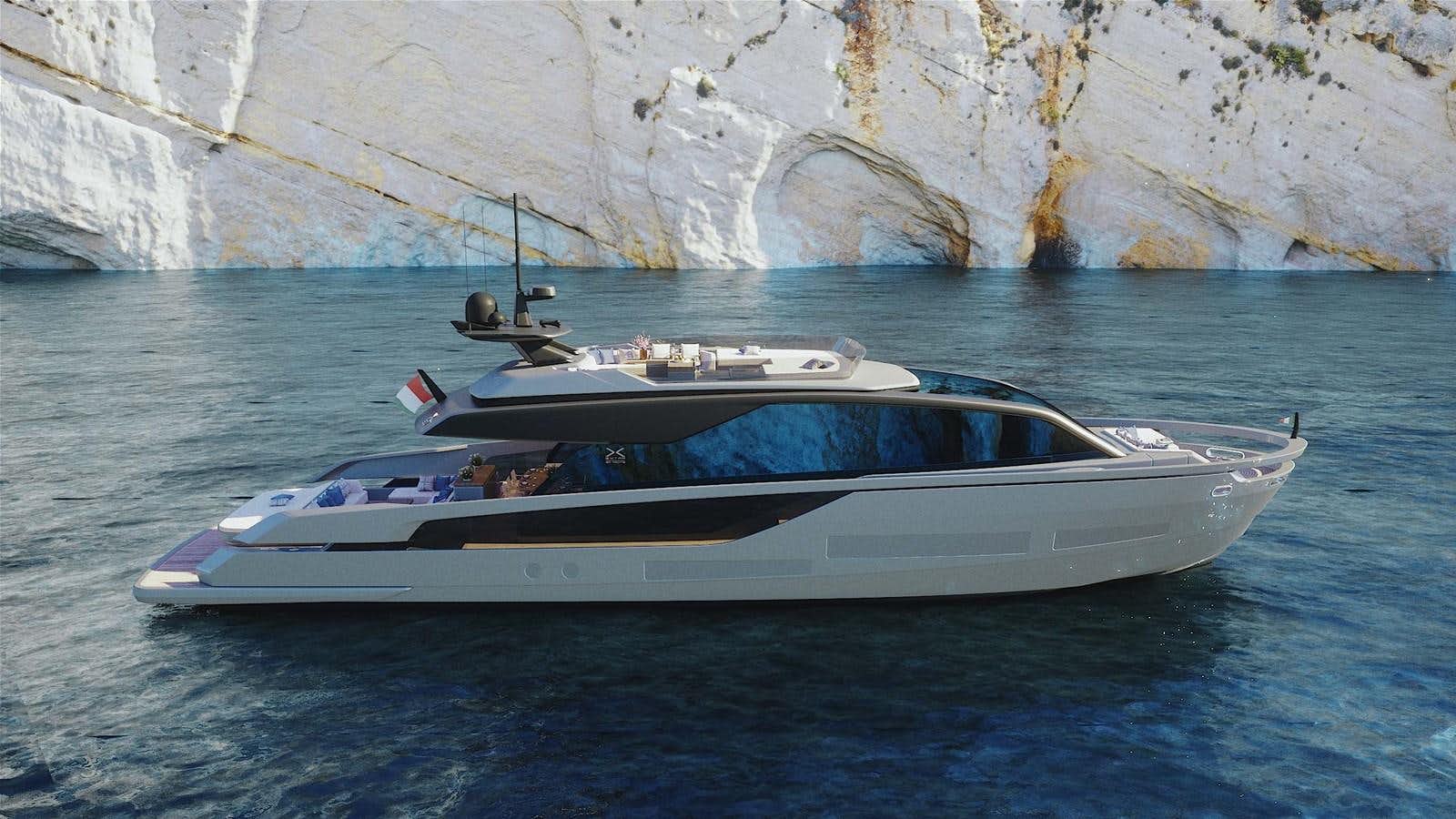 a white boat on the water aboard EXTRA X90 FAST Yacht for Sale