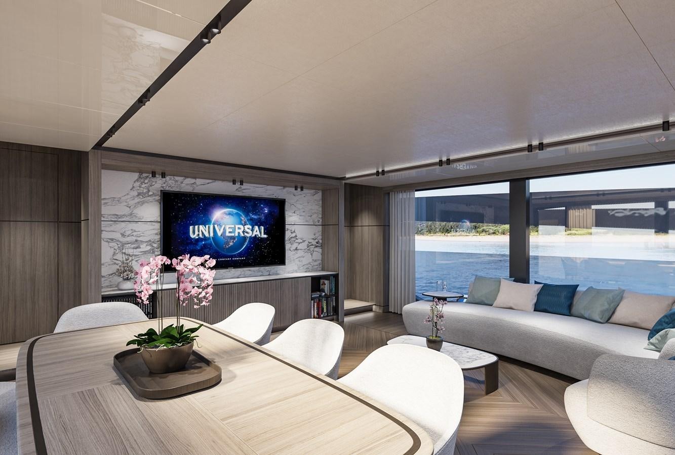 a living room with a large screen aboard EXTRA X90 FAST Yacht for Sale