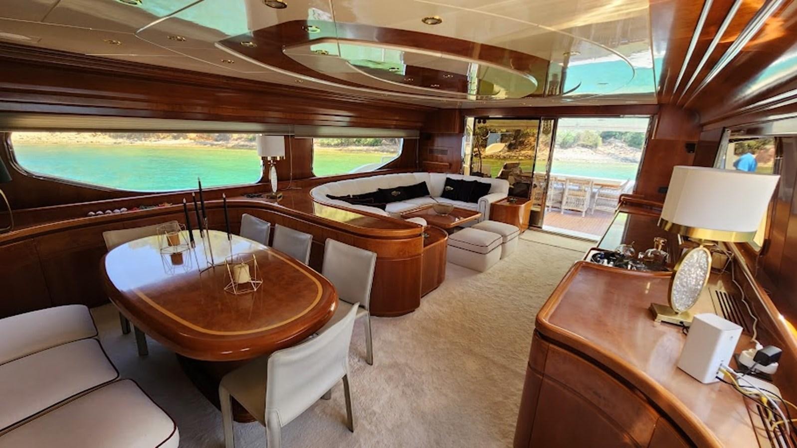 a room with a table chairs and a television aboard THE ONE Yacht for Sale