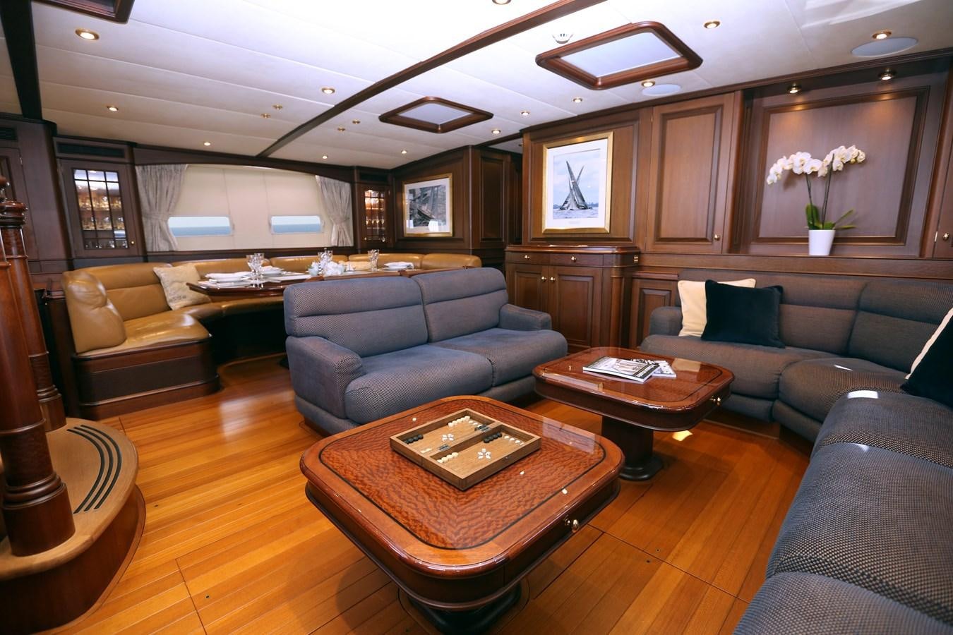 a living room with leather couches and a coffee table aboard SOJANA Yacht for Sale