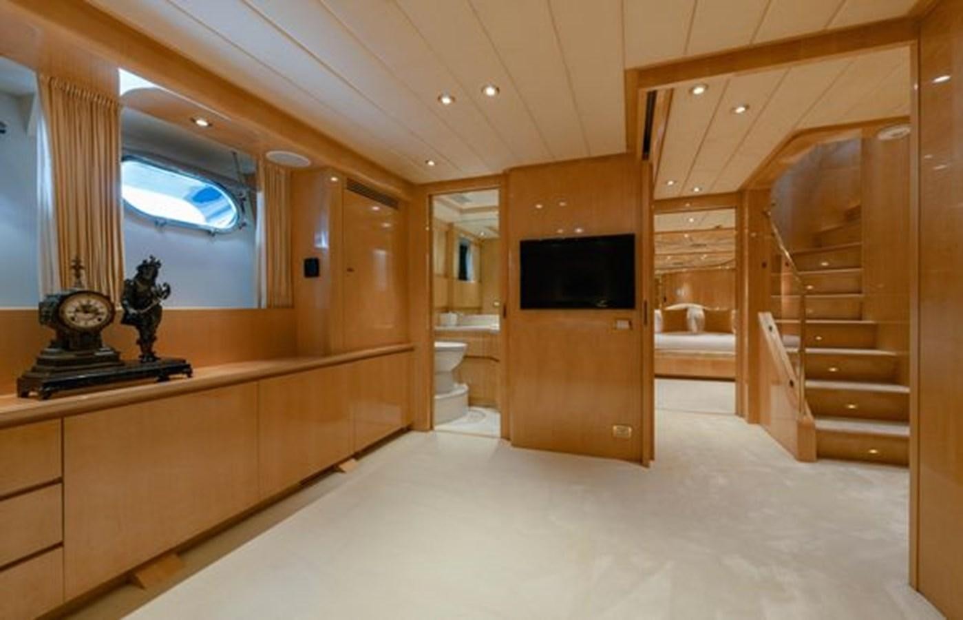 a room with a fireplace and a tv aboard 2003 BAGLIETTO 38M FAST FLY Yacht for Sale
