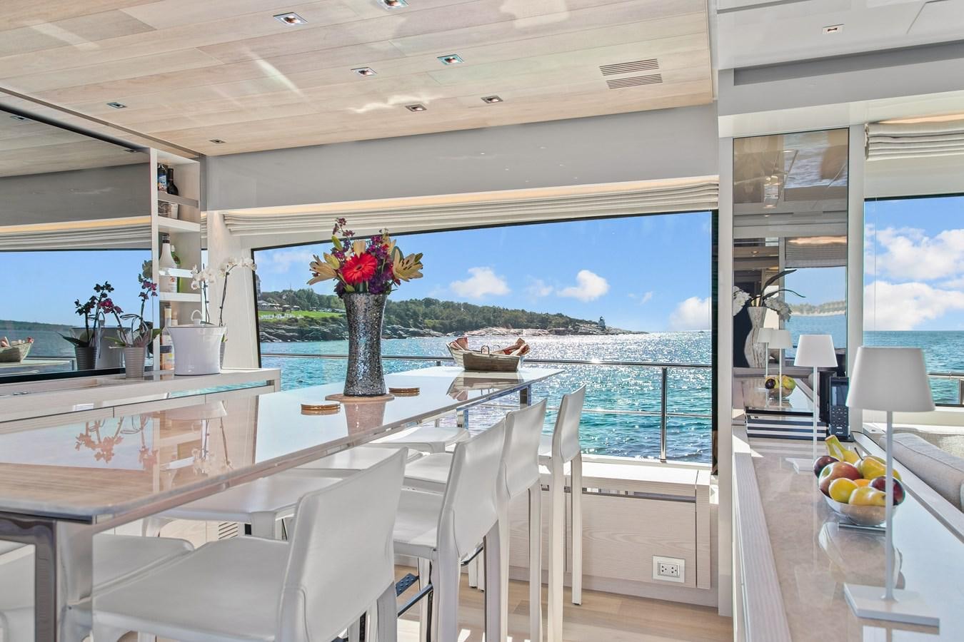 a large open kitchen with a large ocean view aboard MISS LIZA Yacht for Sale