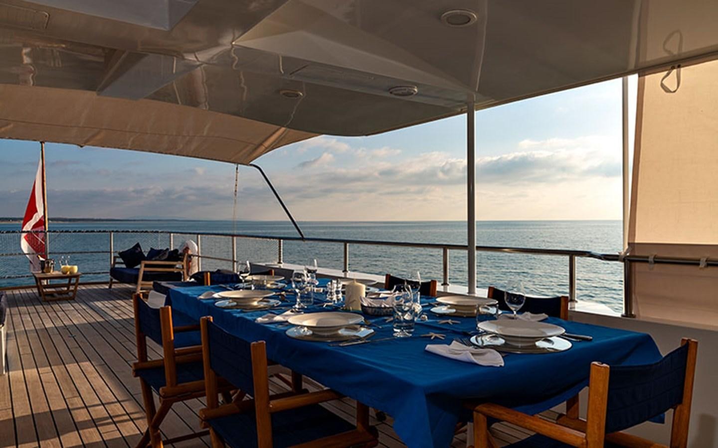 a table set for a meal on a deck overlooking the ocean aboard PERSUADER Yacht for Sale