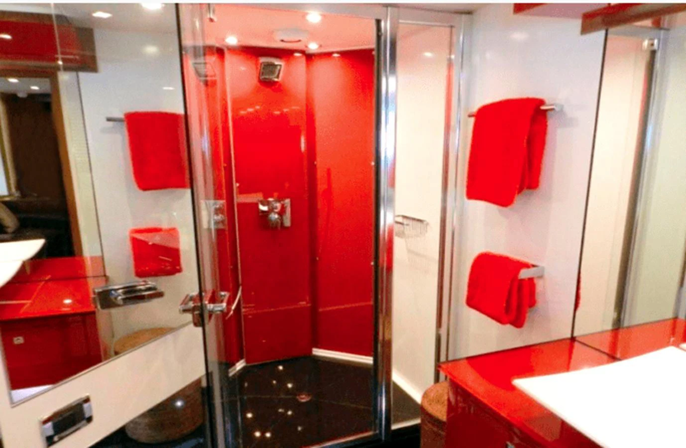 a bathroom with red doors aboard NOVA 92 Yacht for Sale