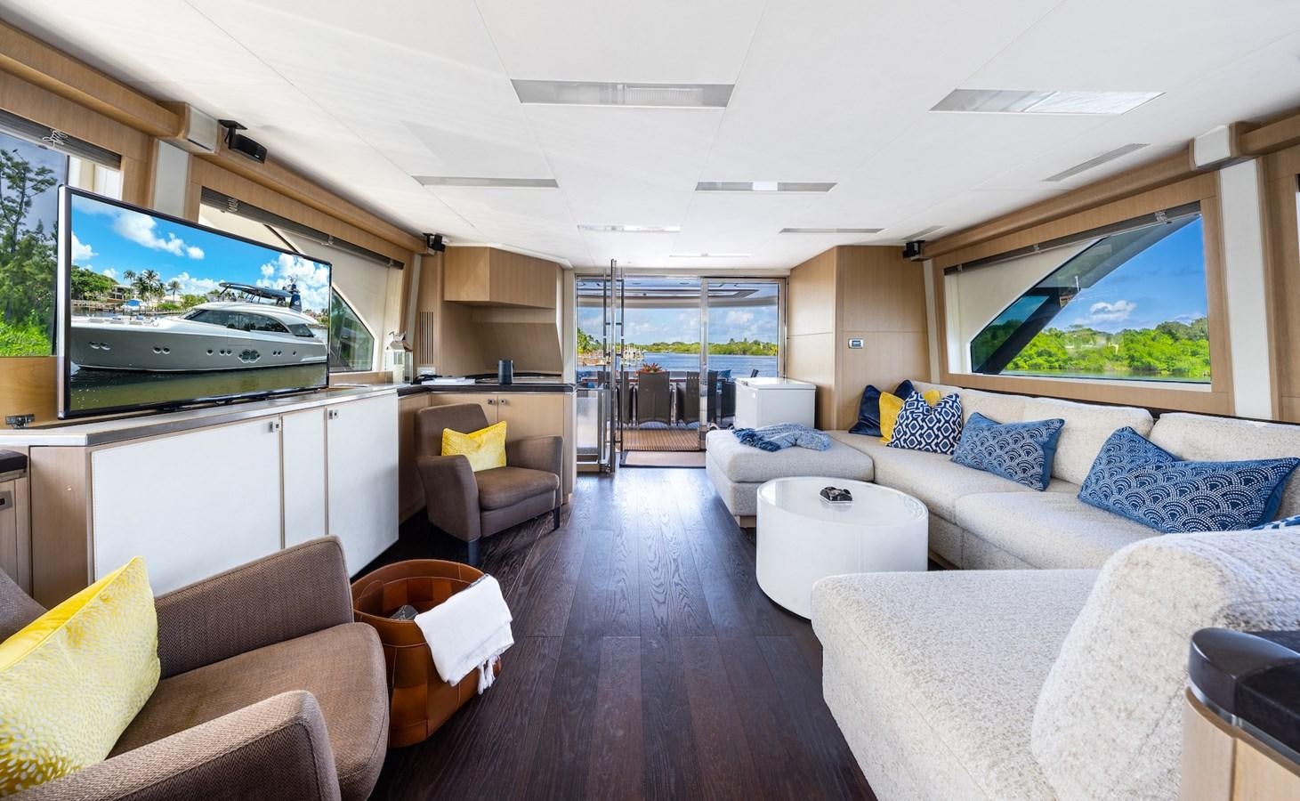 a living room with a large screen aboard NEVER SAY NEVER 2015/2023 Yacht for Sale