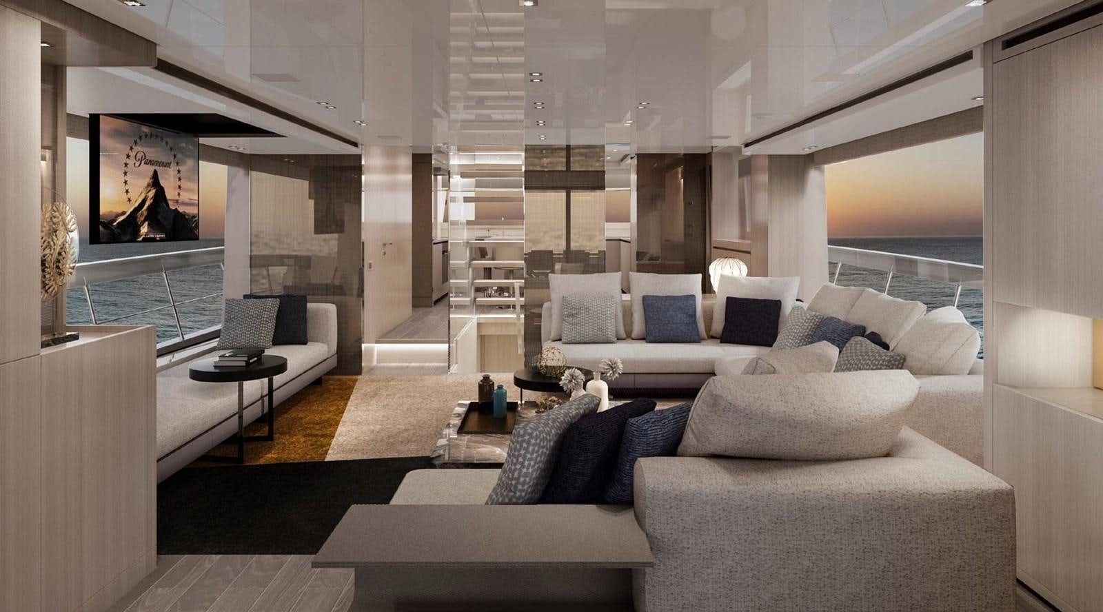 a living room with a large glass window aboard 2022 SANLORENZO SX88 #85 Yacht for Sale