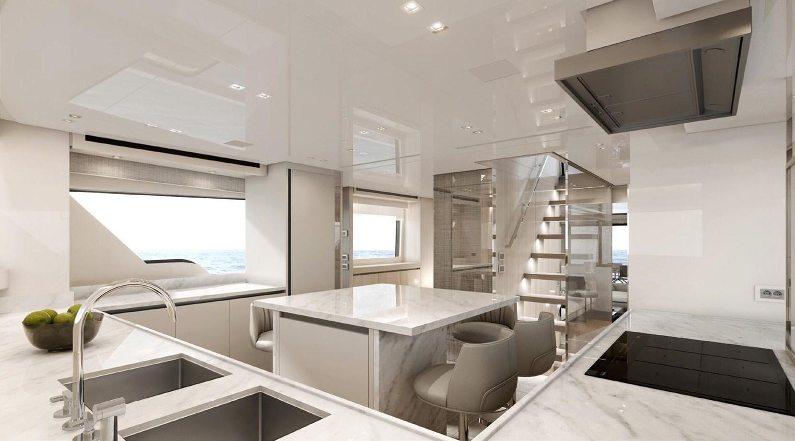 a modern kitchen with white cabinets aboard 2022 SANLORENZO SX88 #85 Yacht for Sale