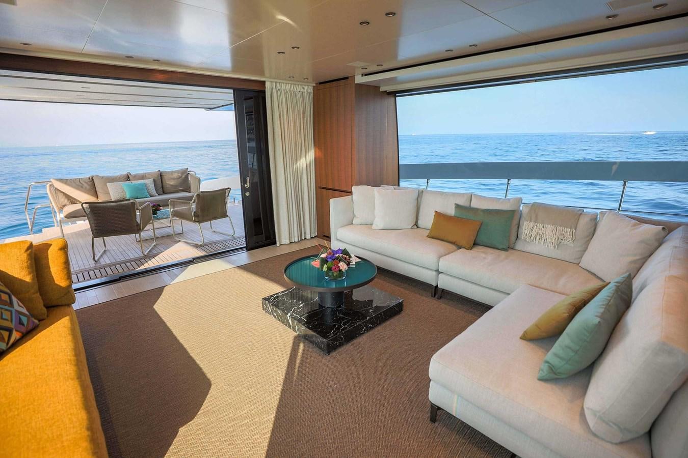 a living room with a large window aboard 2019 SANLORENZO SX76 #16 Yacht for Sale
