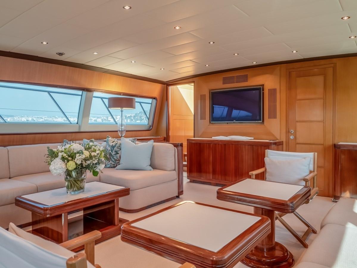 a living room with a large screen aboard WET PANTHER Yacht for Sale