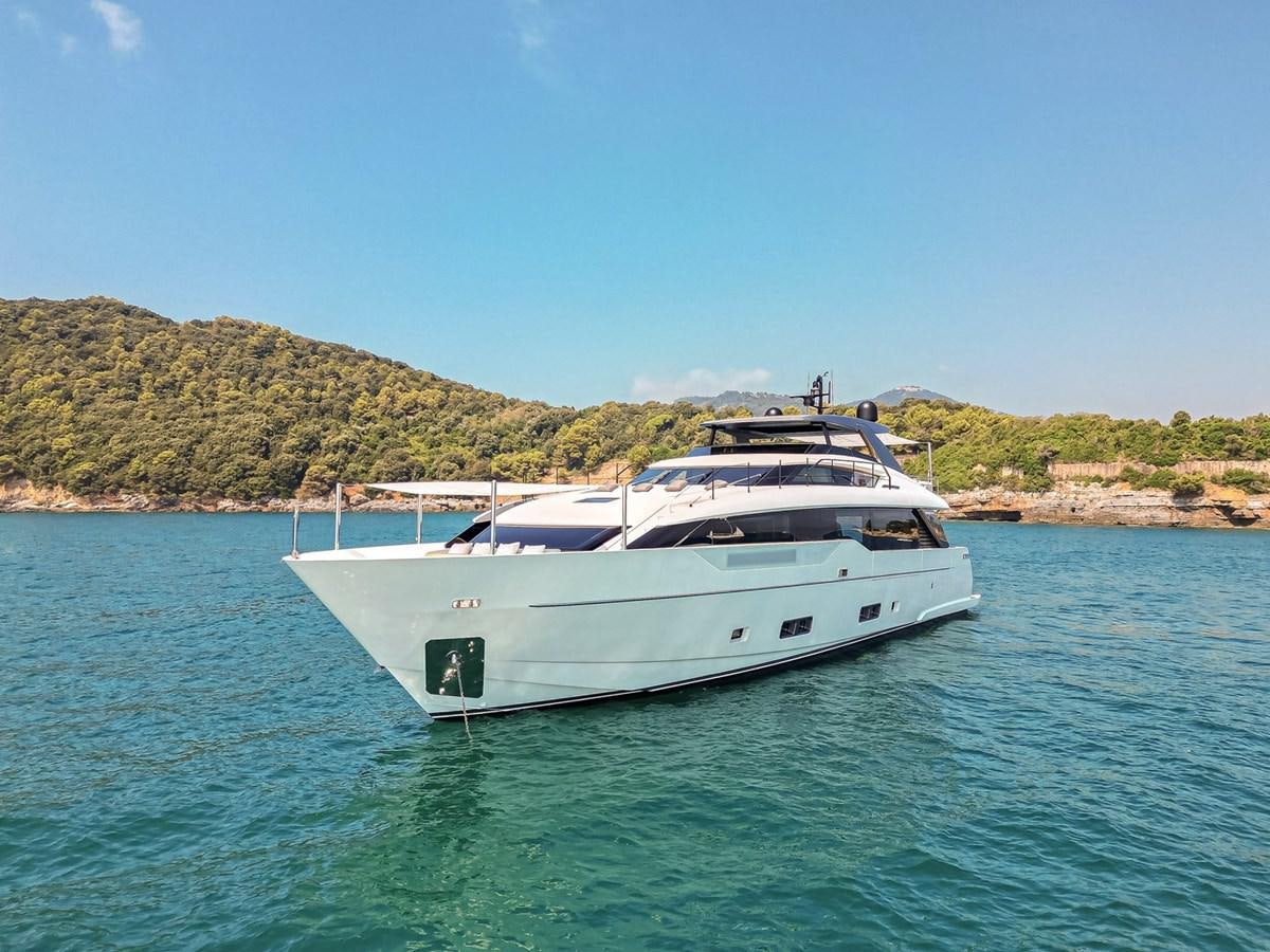 a white boat in the water aboard #813 - SANLORENZO SL90A Yacht for Sale