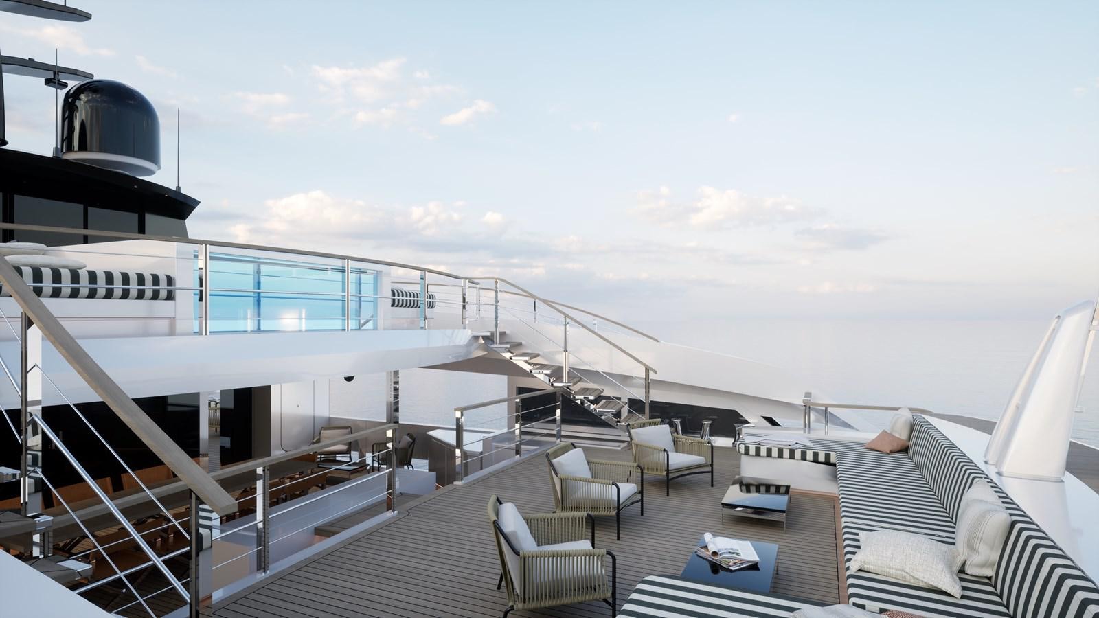 a deck with a deck and chairs aboard NO STRESS TWO Yacht for Sale