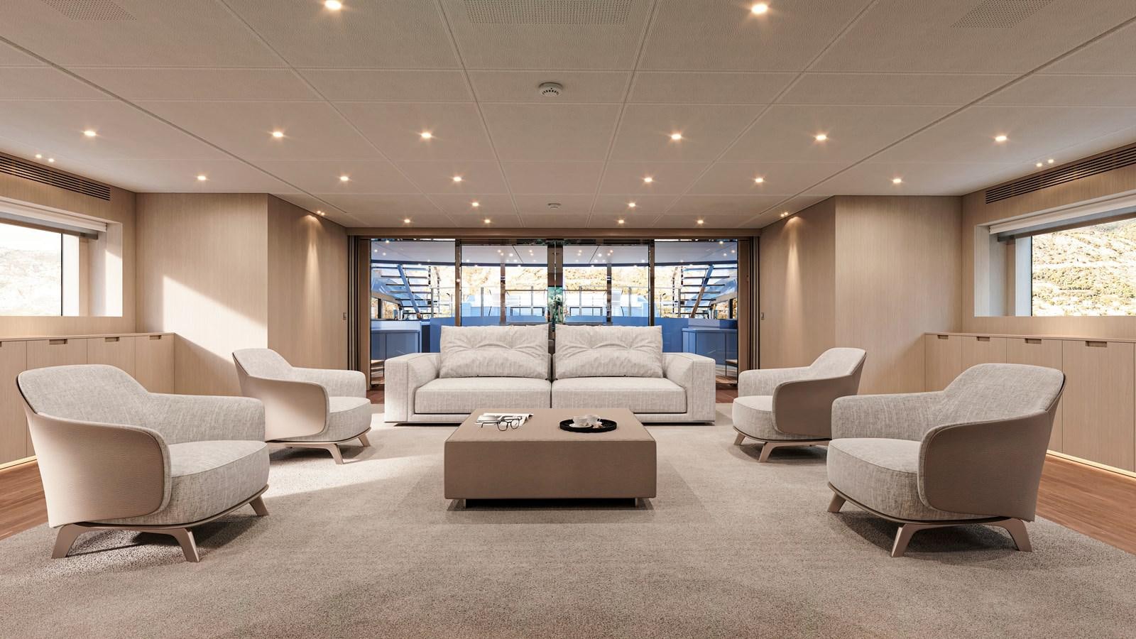 a living room with white furniture aboard NO STRESS TWO Yacht for Sale