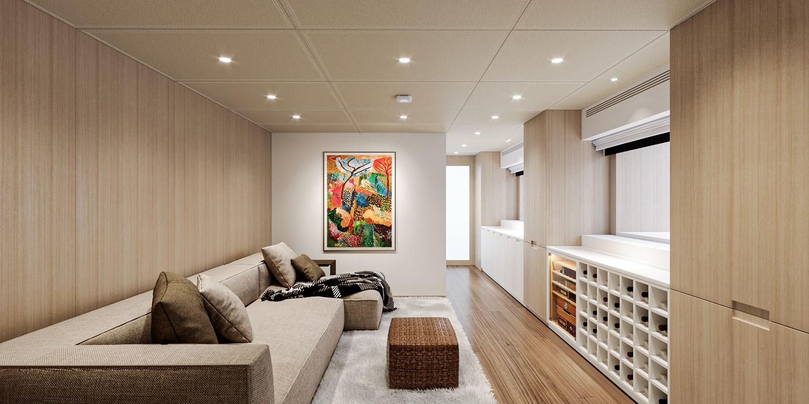 a living room with a couch and a rug aboard NO STRESS TWO Yacht for Sale