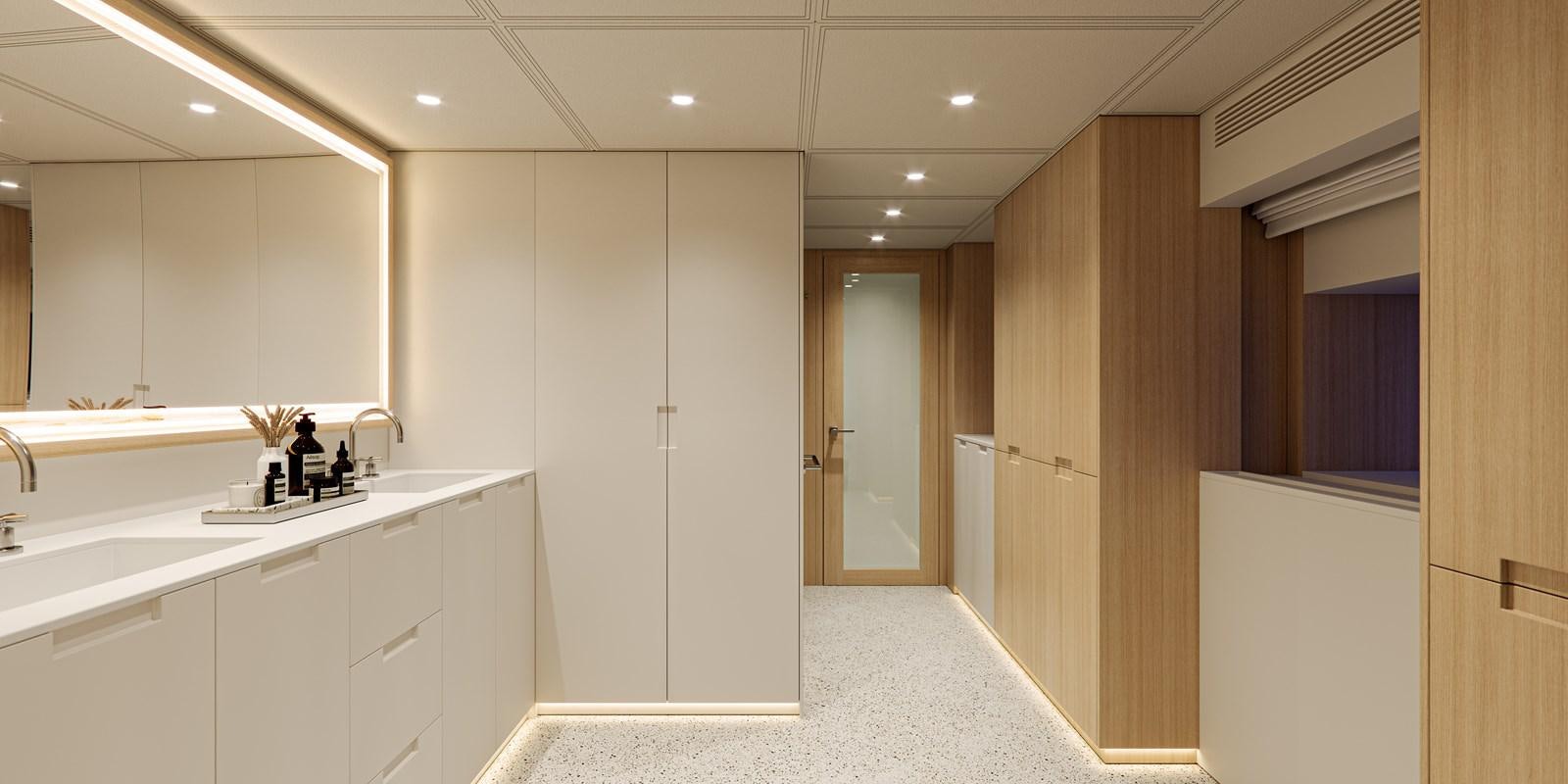 a kitchen with white cabinets aboard NO STRESS TWO Yacht for Sale