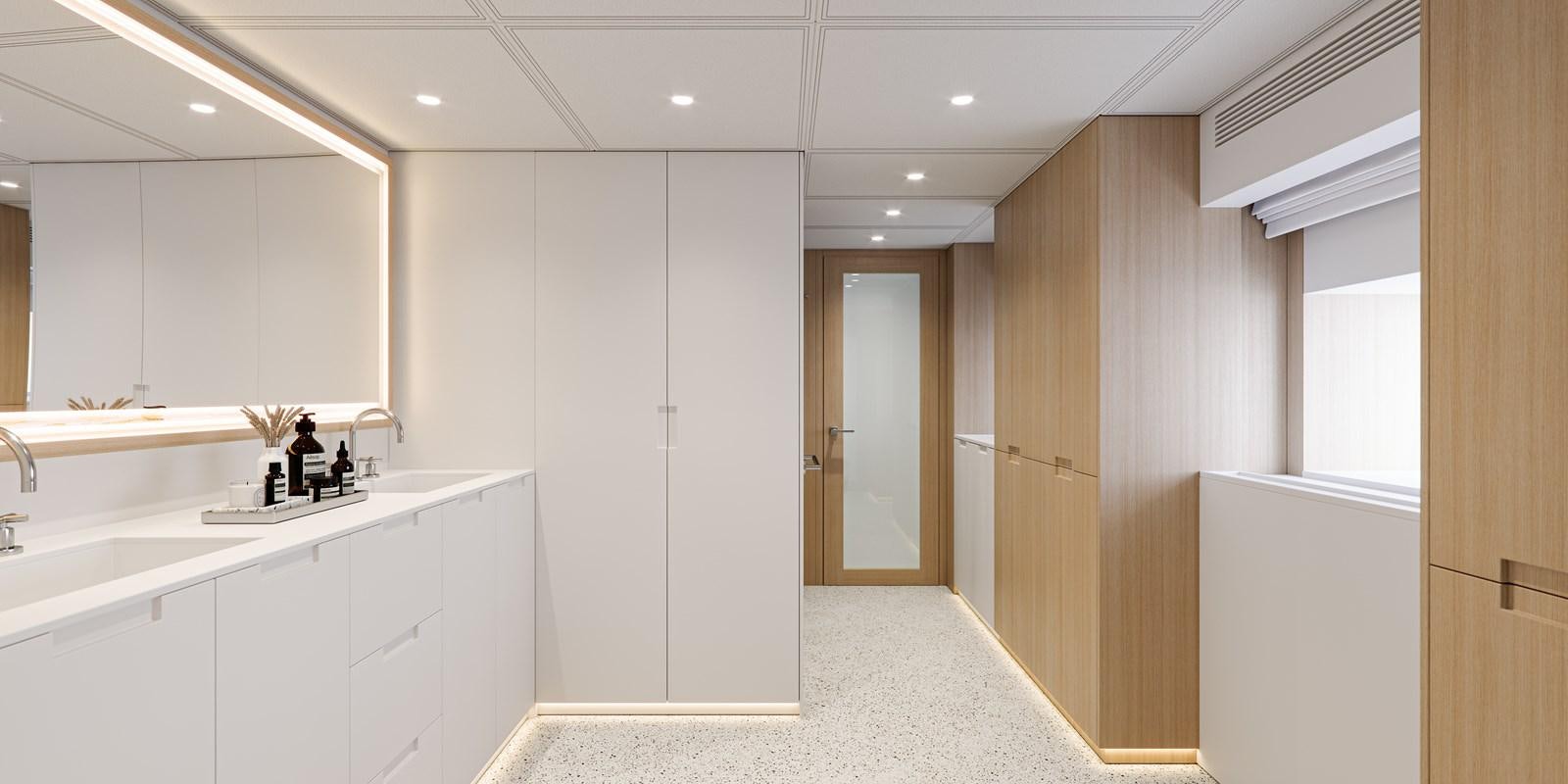 a kitchen with white cabinets aboard NO STRESS TWO Yacht for Sale