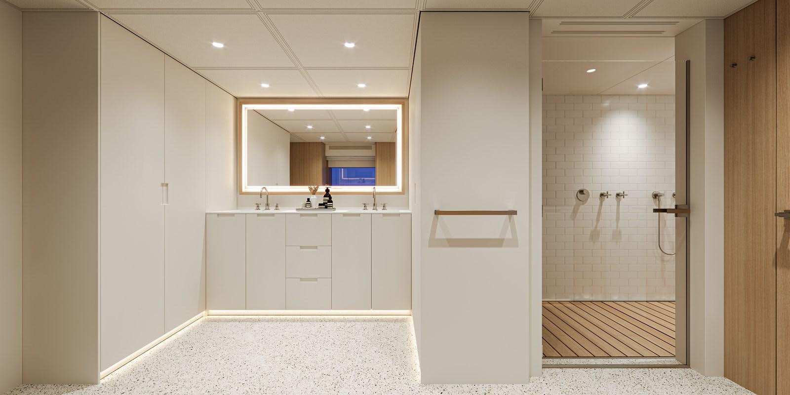 a bathroom with a shower unit and a sink aboard NO STRESS TWO Yacht for Sale