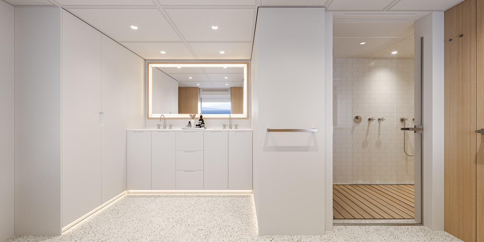 a bathroom with a glass shower aboard NO STRESS TWO Yacht for Sale