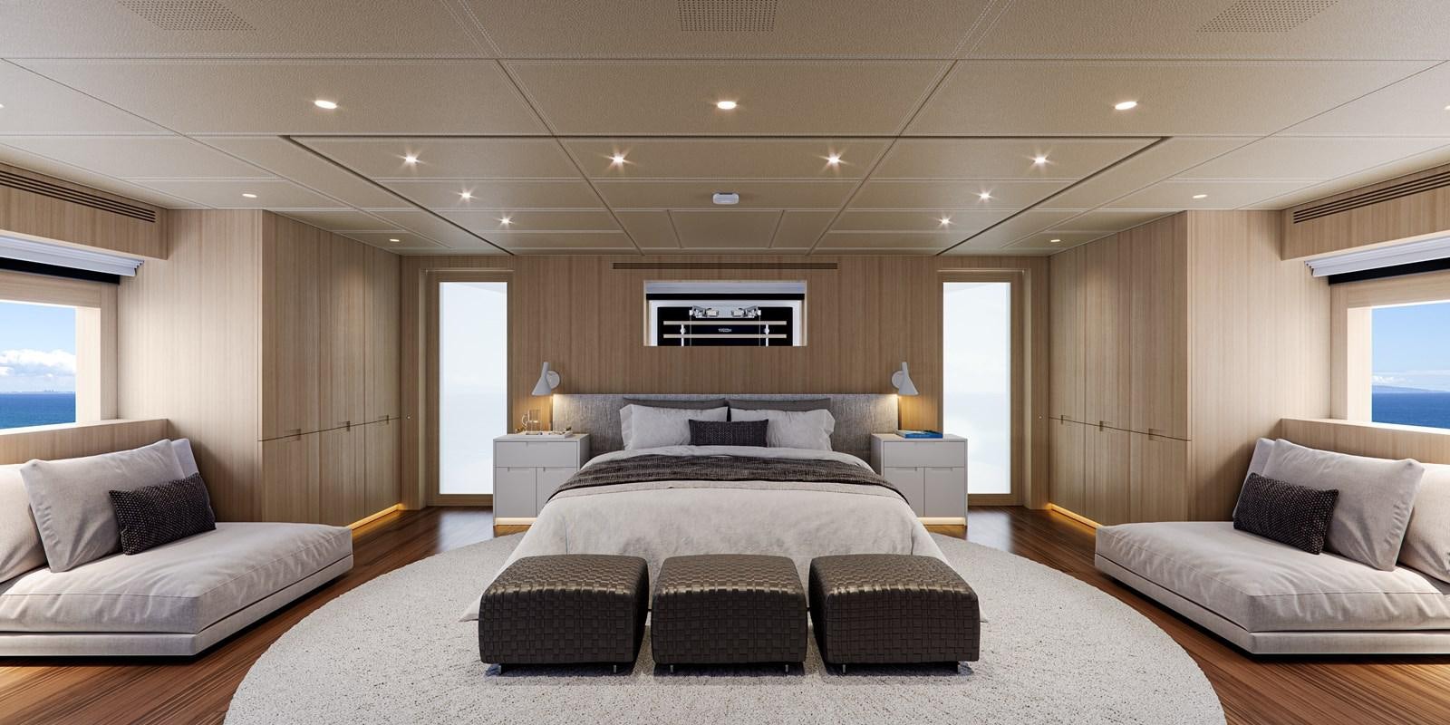 a large bedroom with a large bed aboard NO STRESS TWO Yacht for Sale