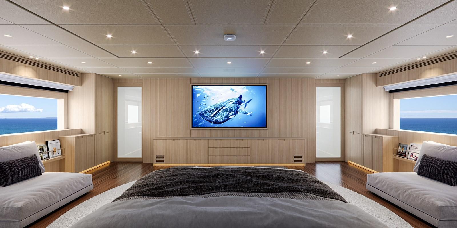 a large bedroom with a large tv aboard NO STRESS TWO Yacht for Sale