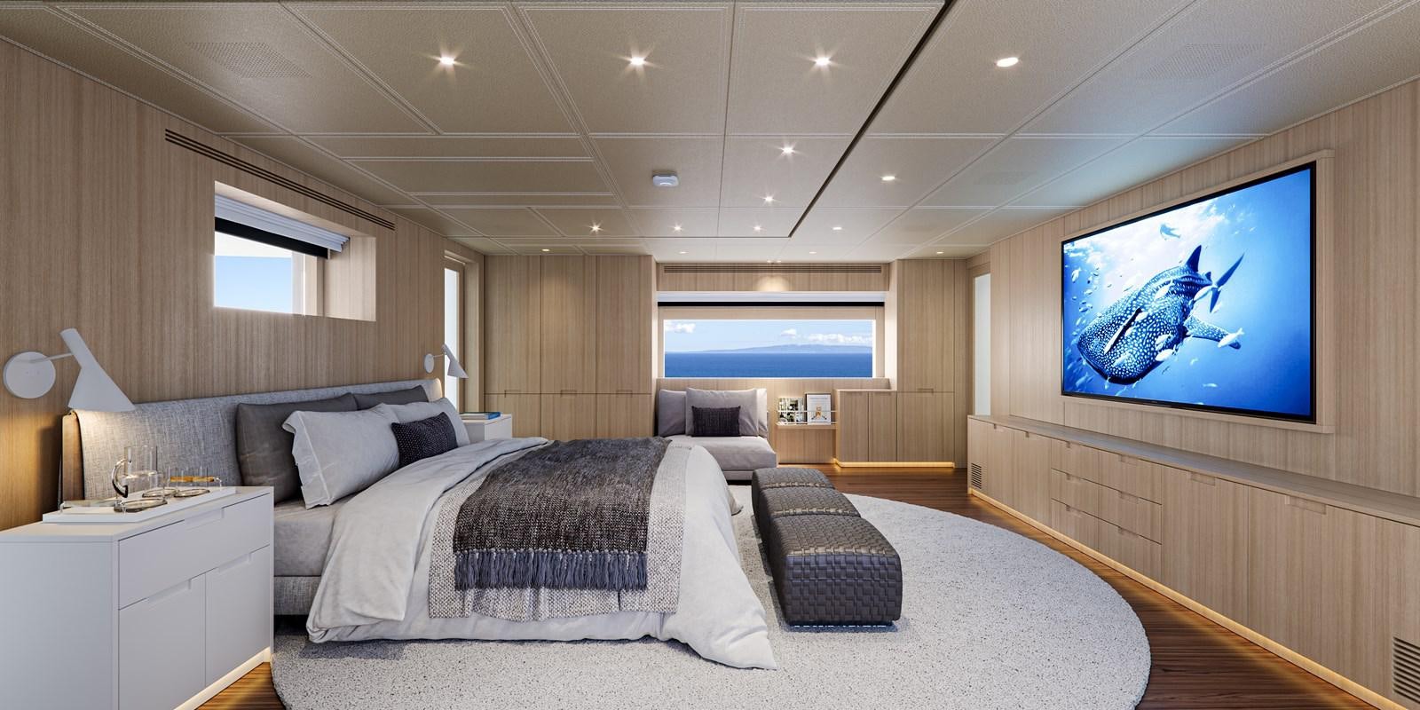 a large bedroom with a large tv aboard NO STRESS TWO Yacht for Sale