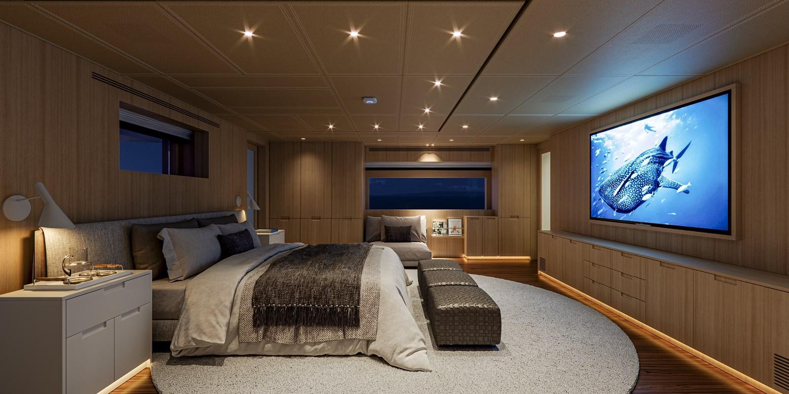 a bedroom with a large tv aboard NO STRESS TWO Yacht for Sale