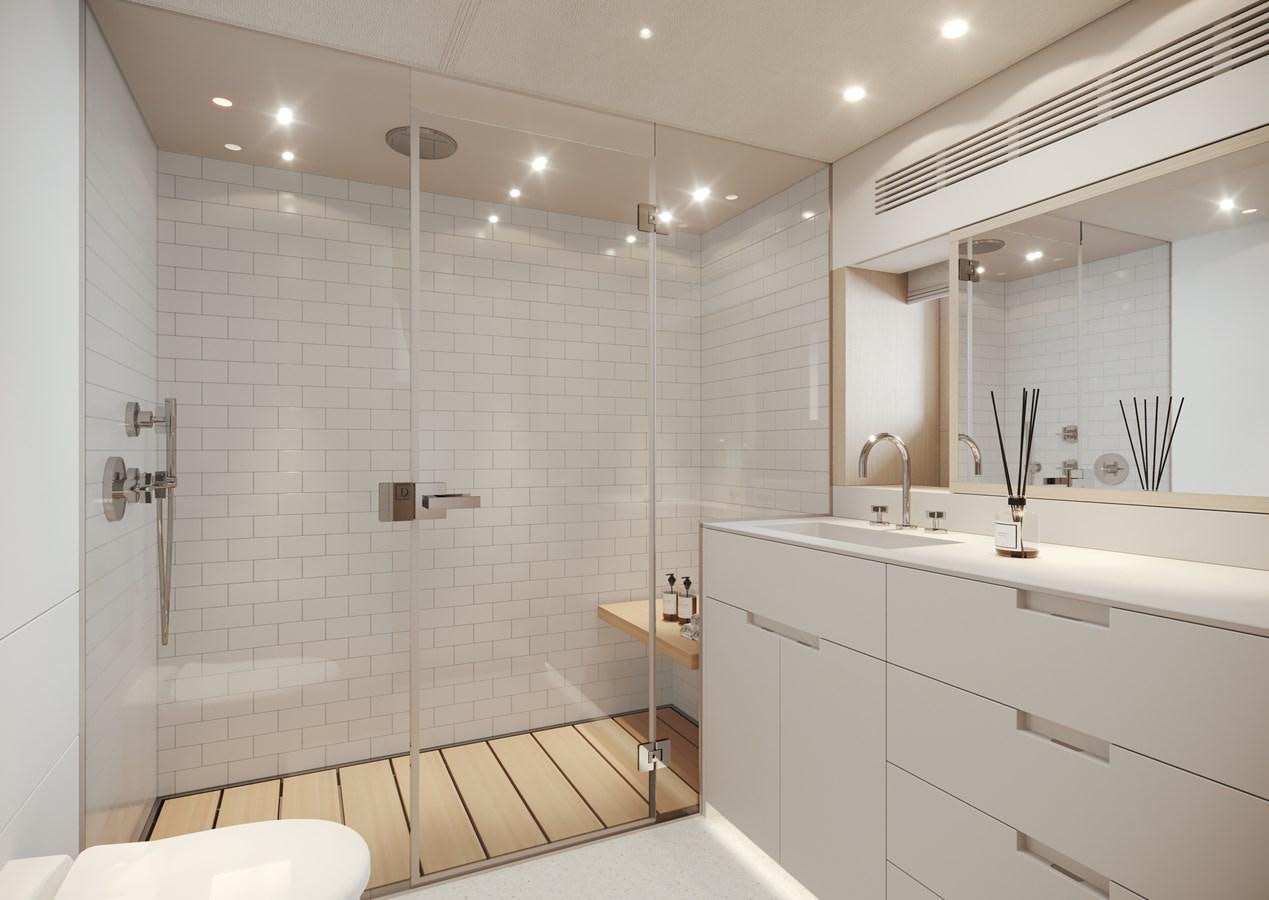a bathroom with a large glass shower aboard NO STRESS TWO Yacht for Sale