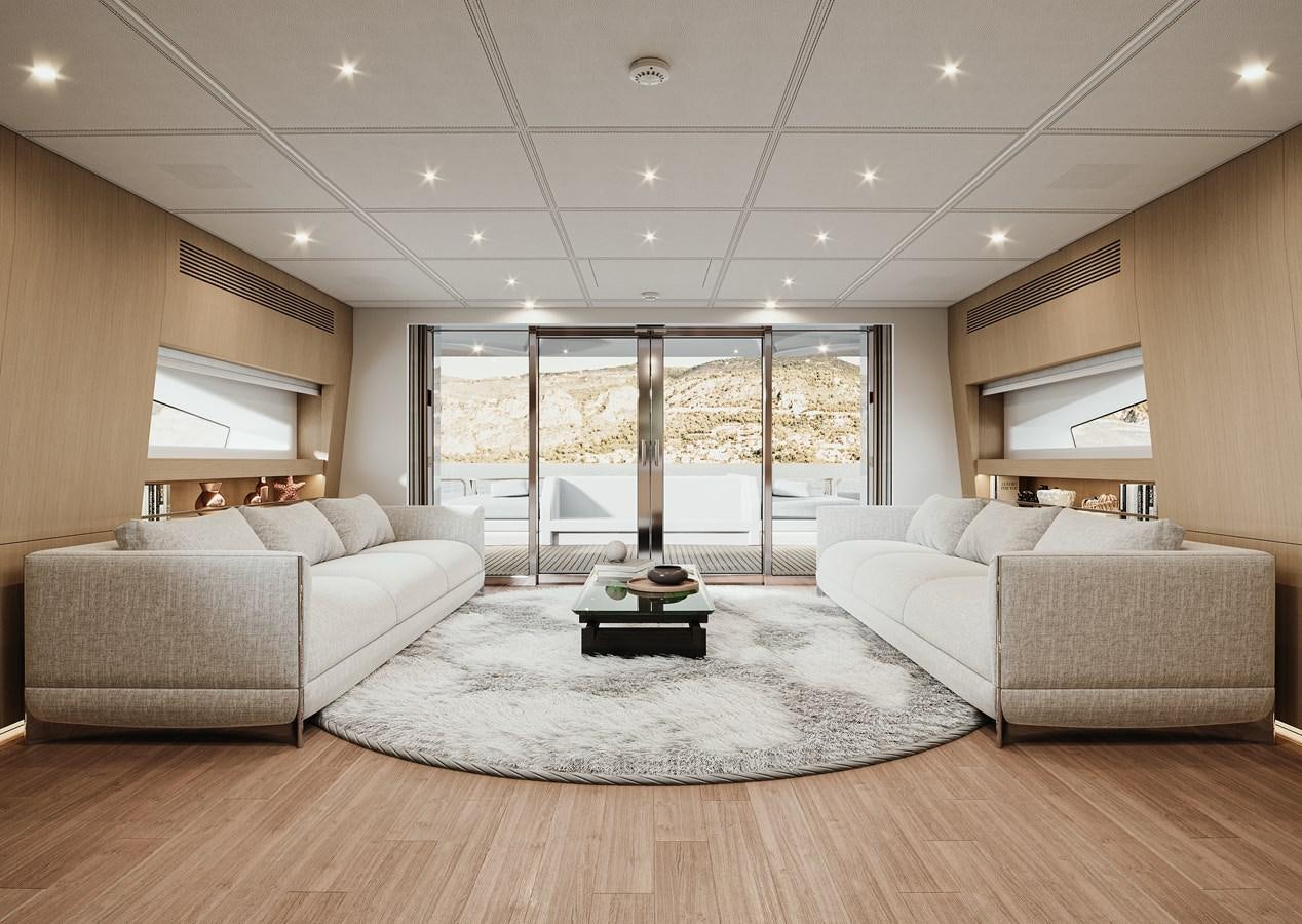 a living room with a large window aboard NO STRESS TWO Yacht for Sale