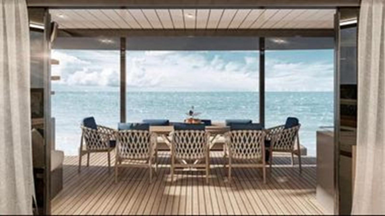 a deck with chairs and a large body of water aboard 2024 MCCONAGHY 82P Yacht for Sale