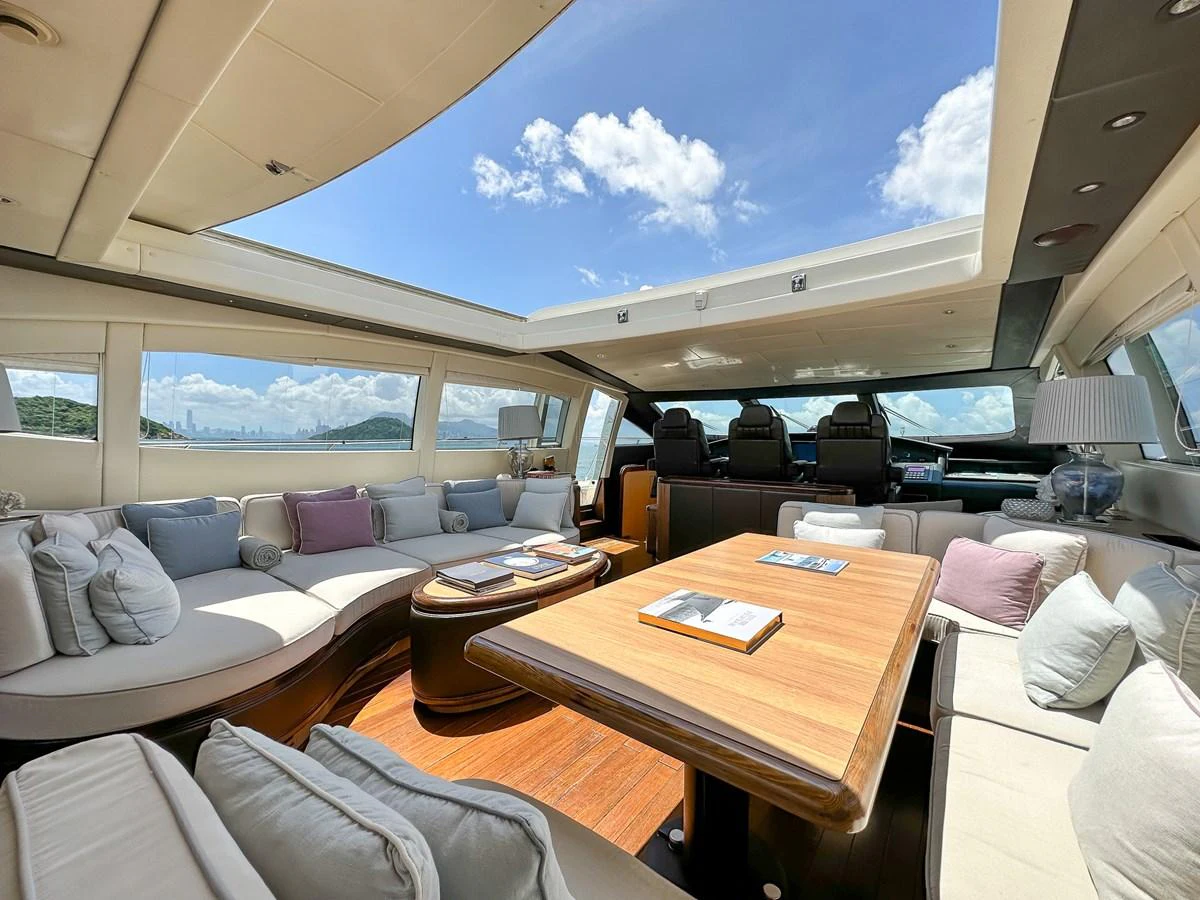 a room with a couch and a table and a television aboard BEAR MARKET Yacht for Sale