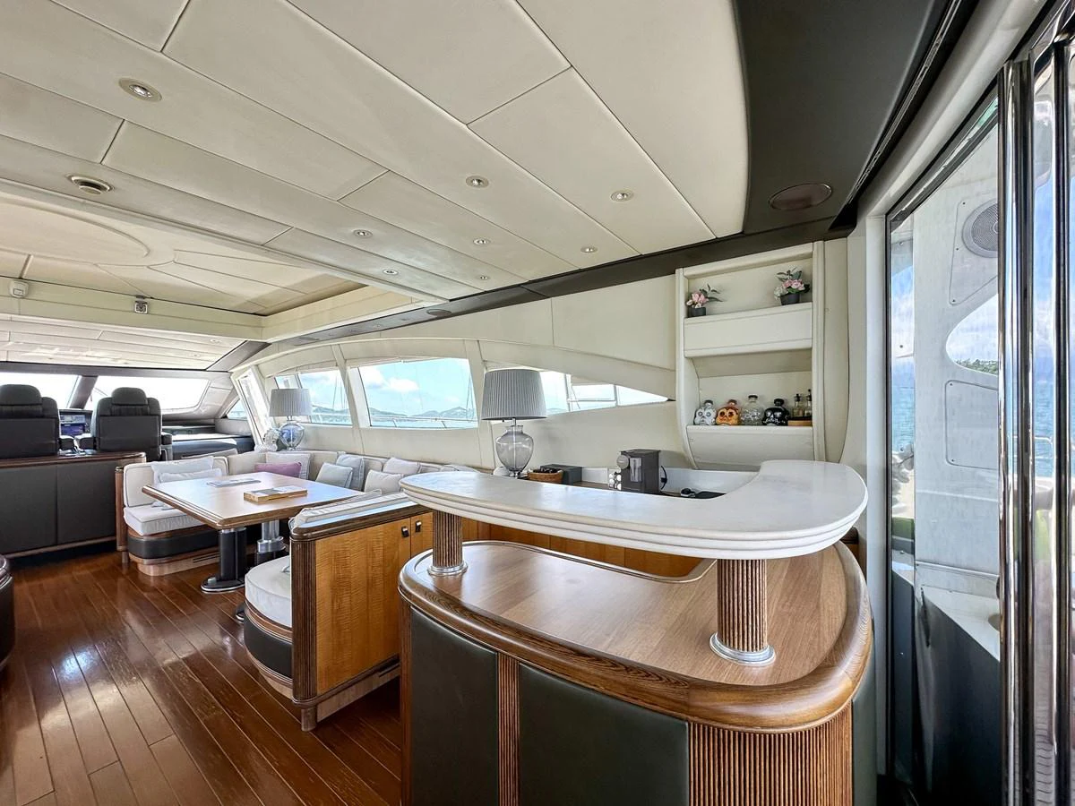a kitchen with a large window aboard BEAR MARKET Yacht for Sale