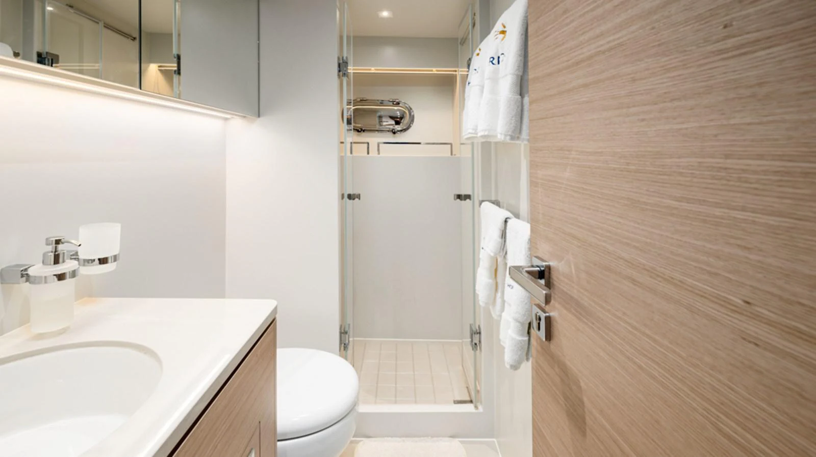 a bathroom with a shower and toilet aboard 90 HORIZON Yacht for Sale