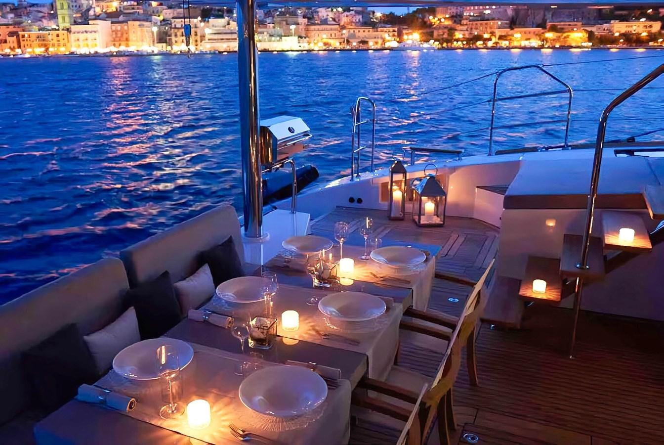 a table with a set of chairs on it next to a large body of water aboard BLUE DEER Yacht for Sale