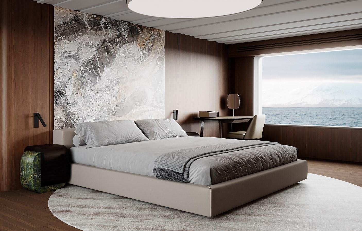 a bed in a room aboard DYNAMIQ GLOBAL 550 Yacht for Sale