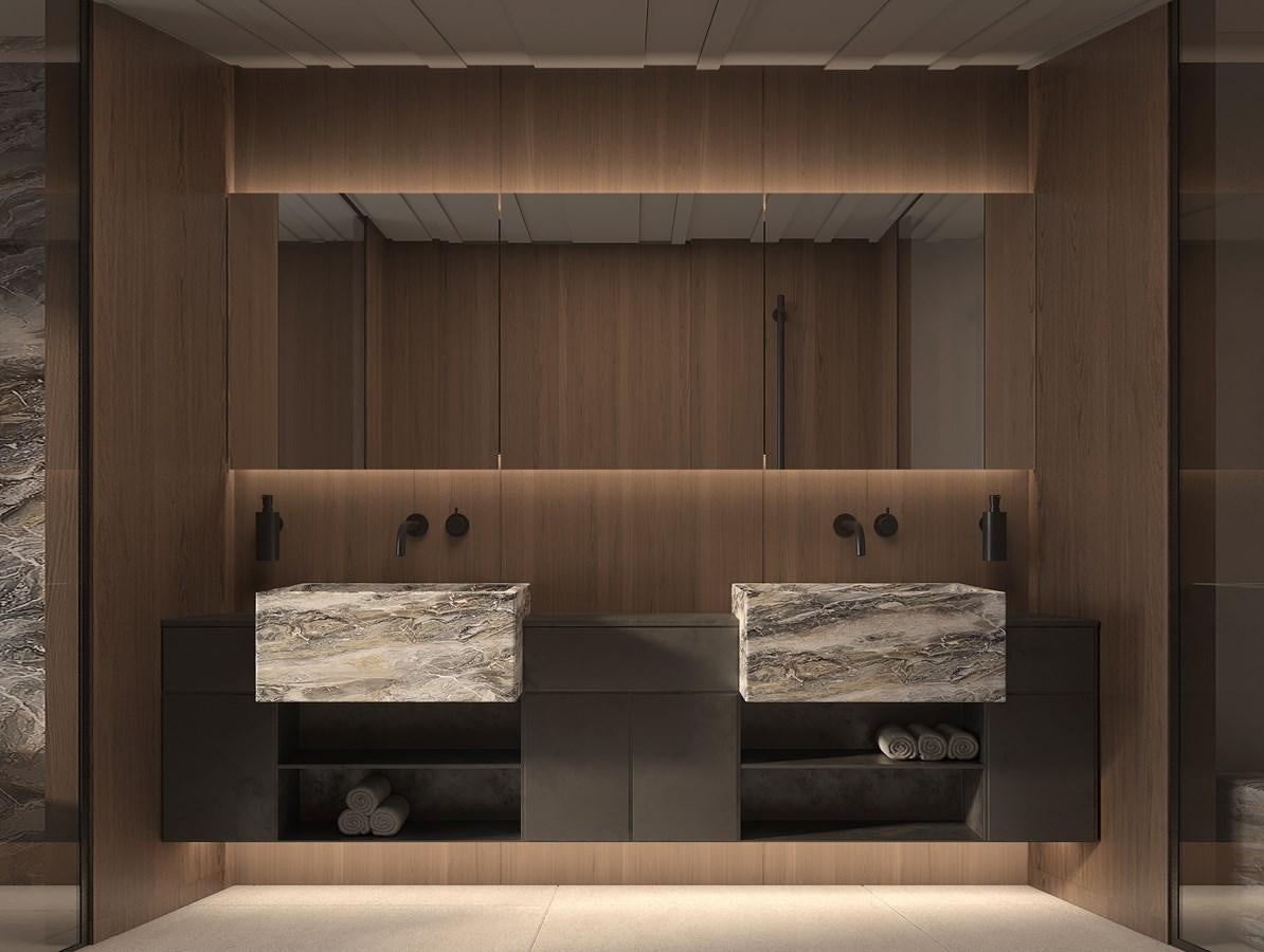 a room with a bed and a wood wall aboard DYNAMIQ GLOBAL 550 Yacht for Sale