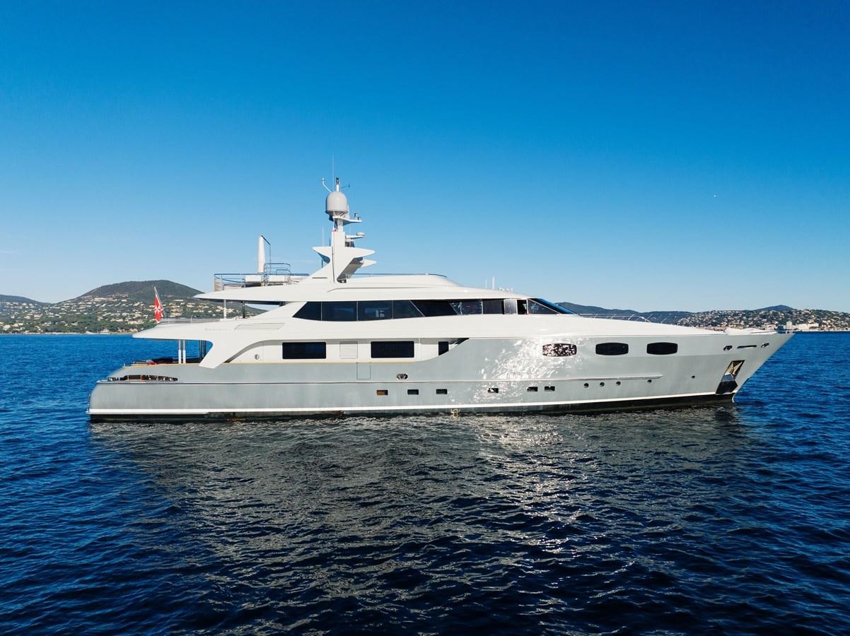 a white yacht on the water aboard ANNAMIA Yacht for Sale