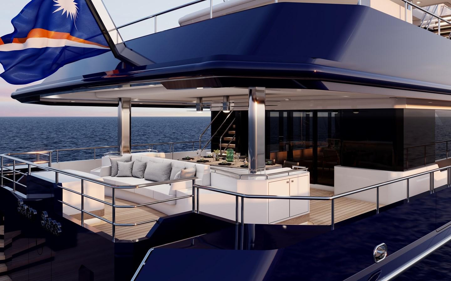 a deck with a large body of water and a large boat aboard RMK 120 # 02 Yacht for Sale