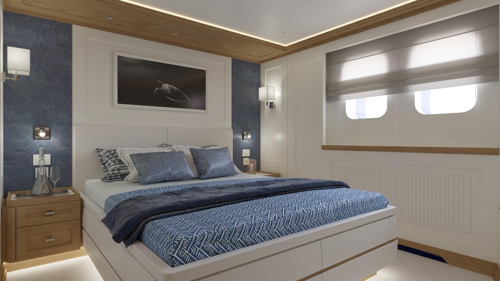 a bedroom with a bed and a television on the wall aboard RMK 120 # 02 Yacht for Sale