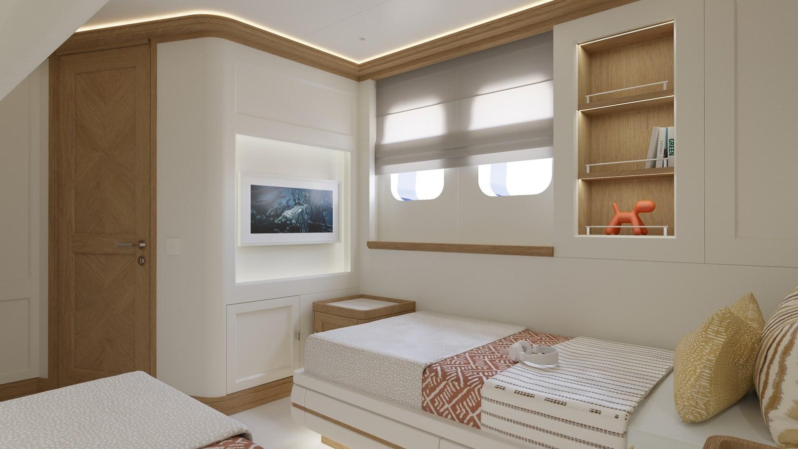 a room with a bed and a fireplace aboard RMK 120 # 02 Yacht for Sale