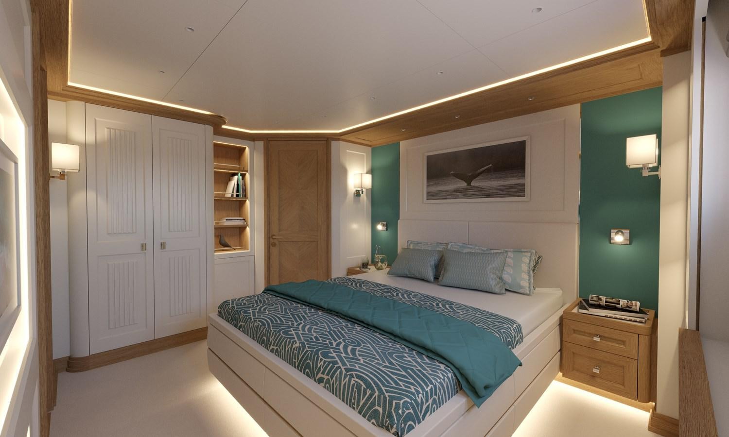 a bedroom with a bed and a desk aboard RMK 120 # 02 Yacht for Sale