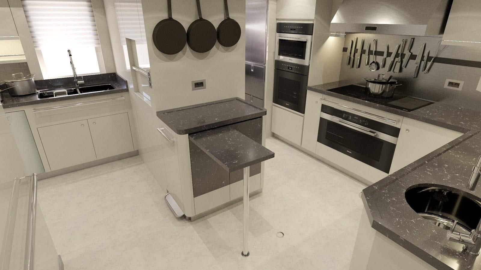 a kitchen with a stove and oven aboard RMK 120 # 02 Yacht for Sale