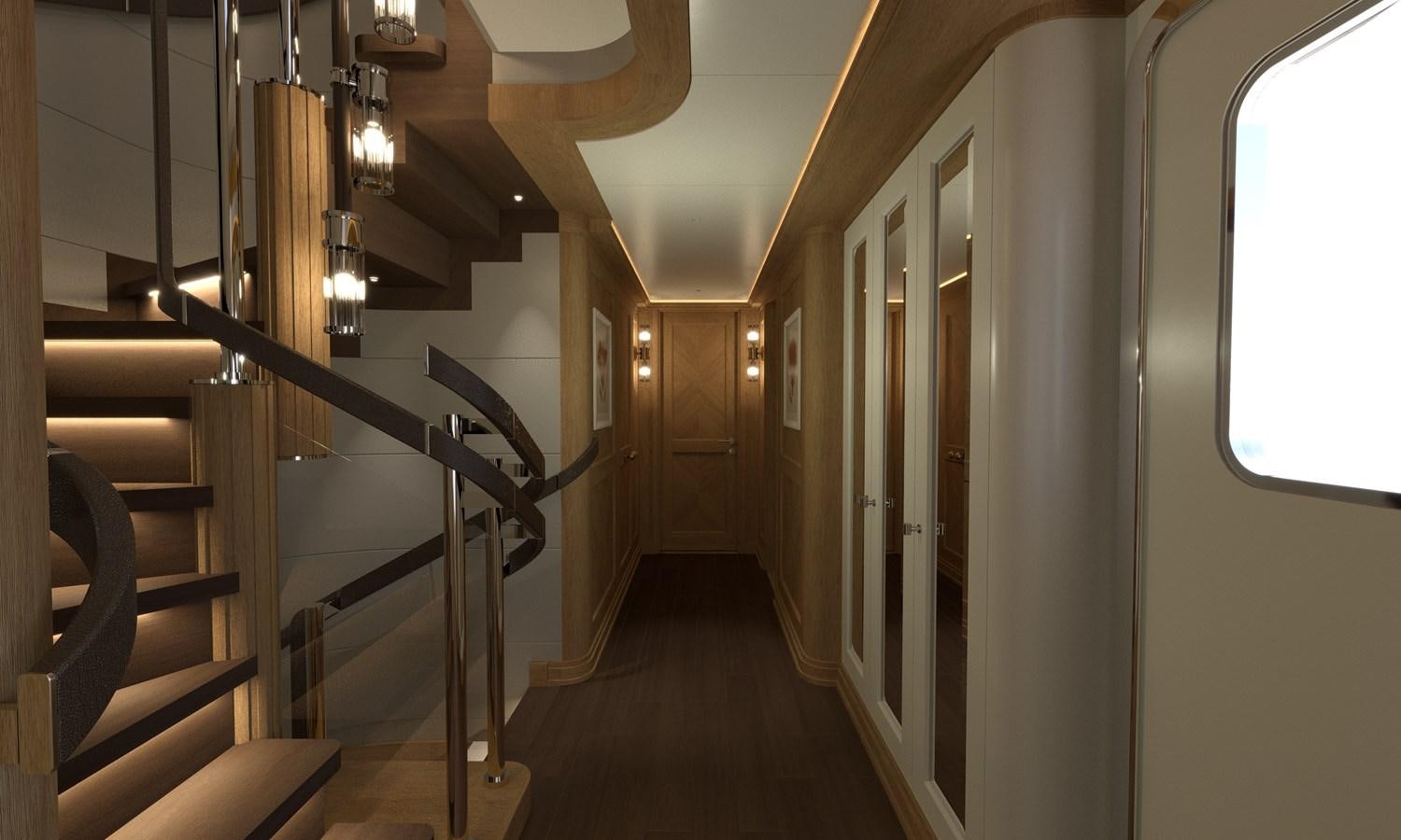 a hallway with a set of stairs aboard RMK 120 # 02 Yacht for Sale