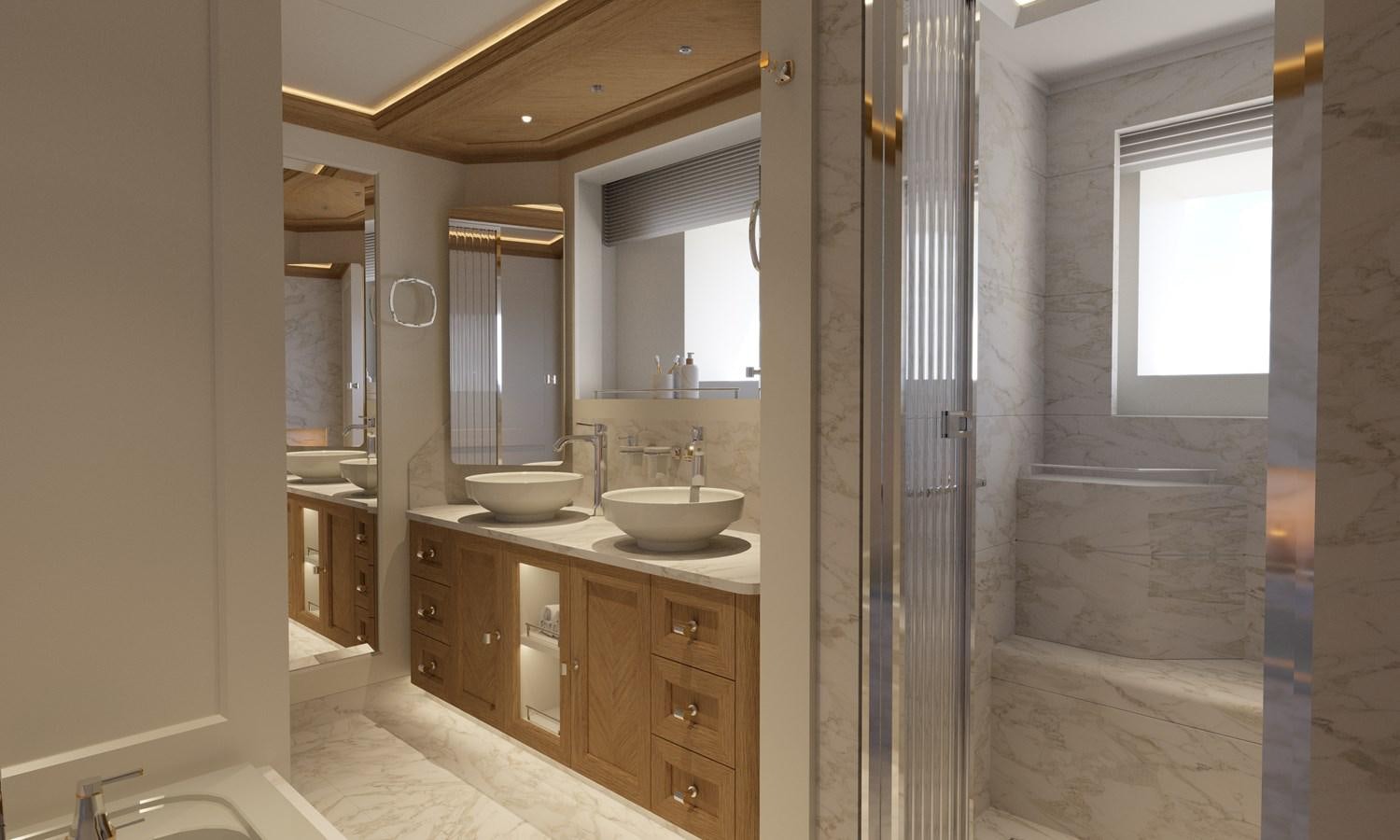 a bathroom with a sink and a mirror aboard RMK 120 # 02 Yacht for Sale
