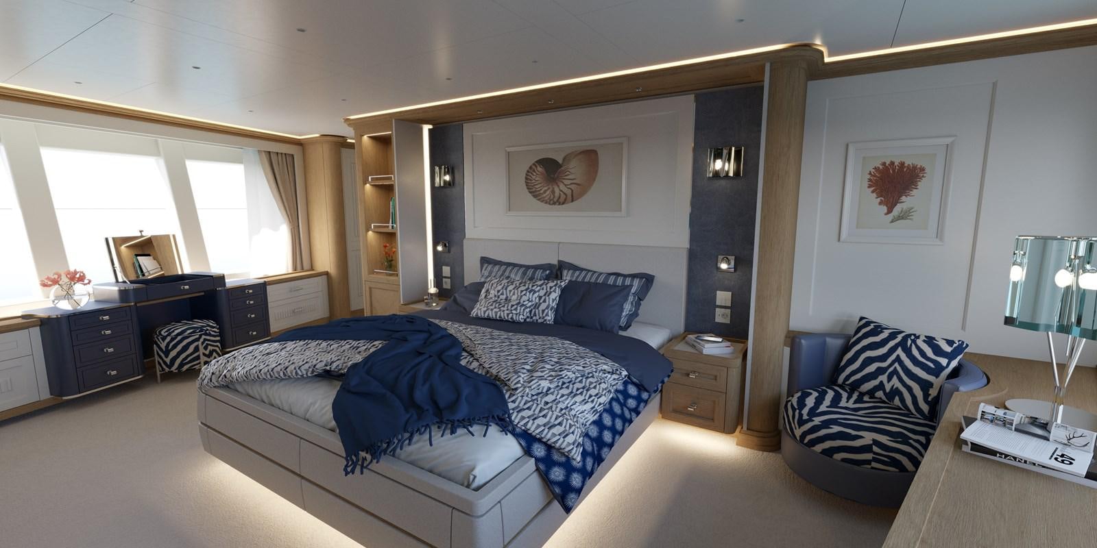 a bedroom with a blue bed and blue sheets aboard RMK 120 # 02 Yacht for Sale