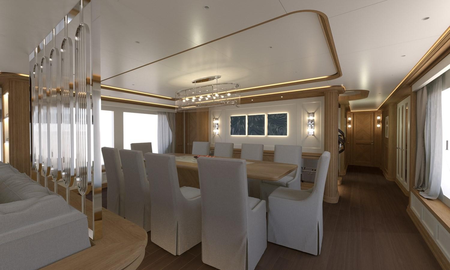 a large room with white chairs and a chandelier aboard RMK 120 # 02 Yacht for Sale