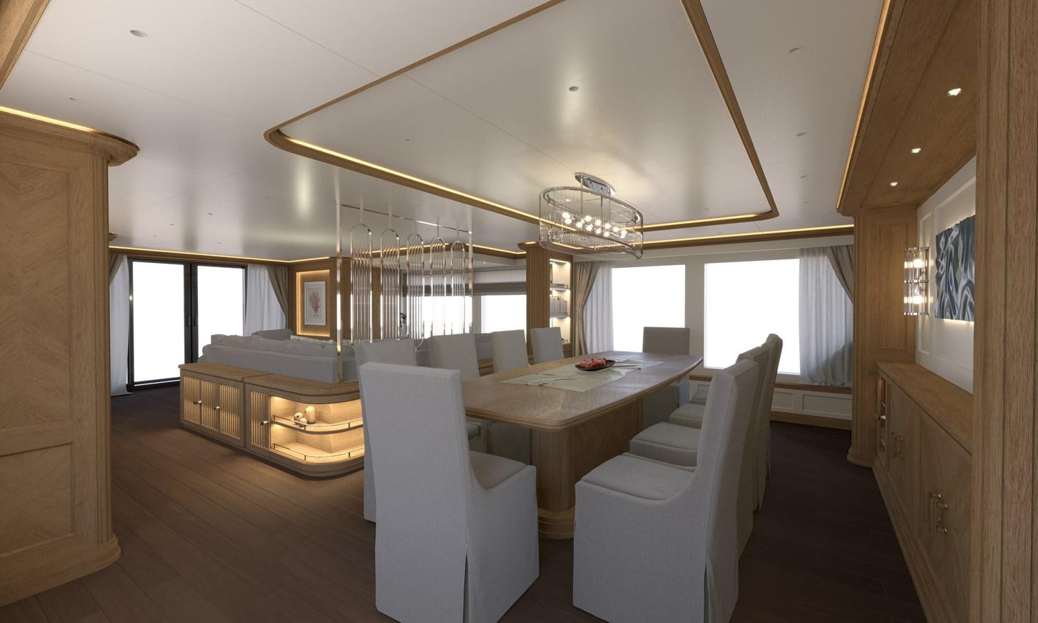 a large kitchen with a dining table aboard RMK 120 # 02 Yacht for Sale