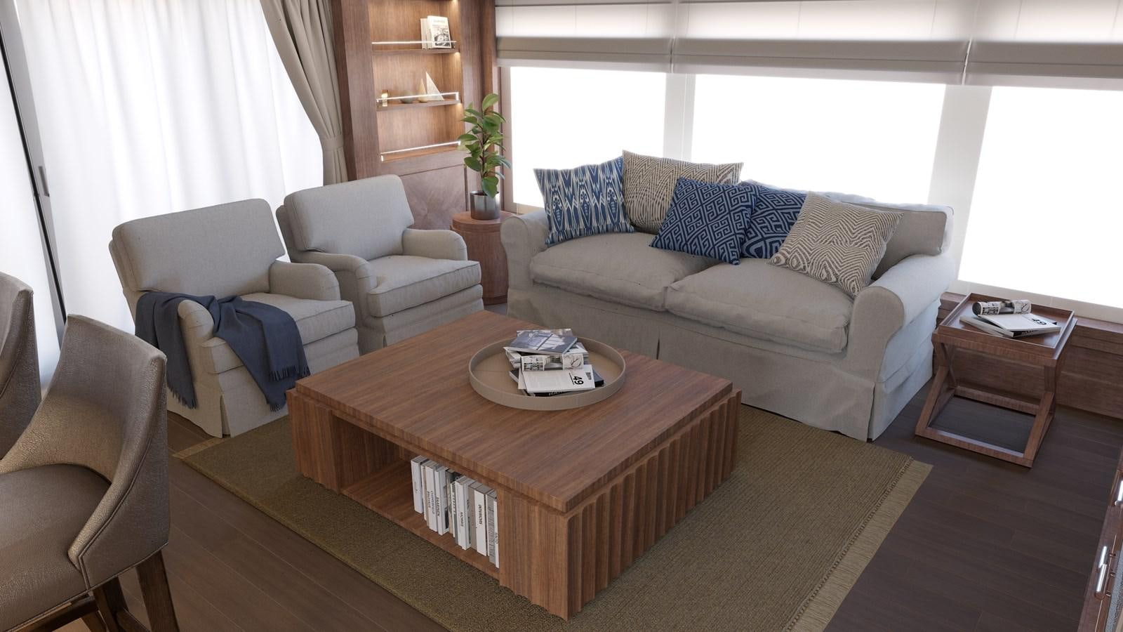 a living room with a couch and a coffee table aboard RMK 120 # 02 Yacht for Sale