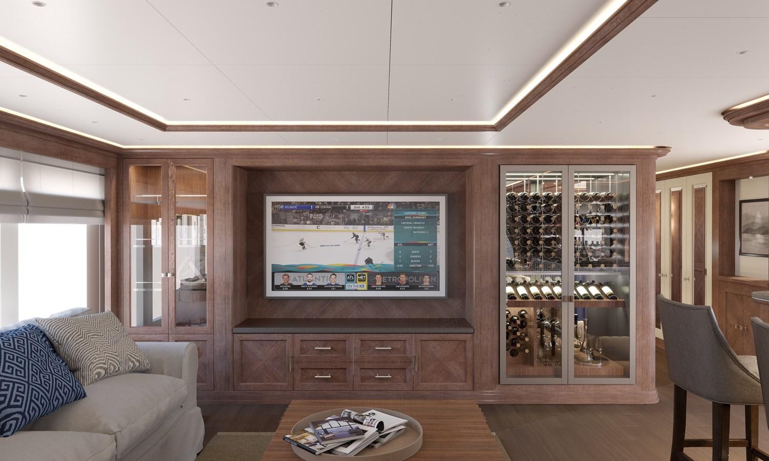 a living room with a large screen aboard RMK 120 # 02 Yacht for Sale