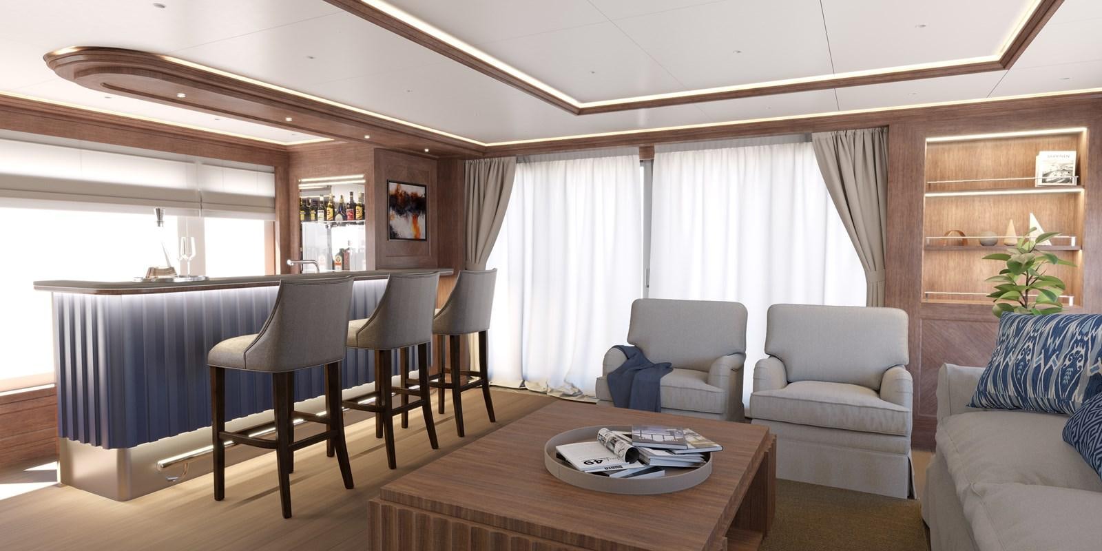 a living room with a table and chairs aboard RMK 120 # 02 Yacht for Sale