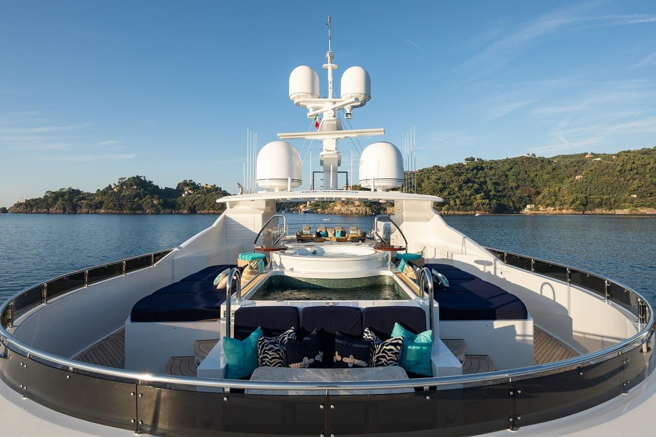 a boat with a large white tower on it aboard SKYFALL Yacht for Sale