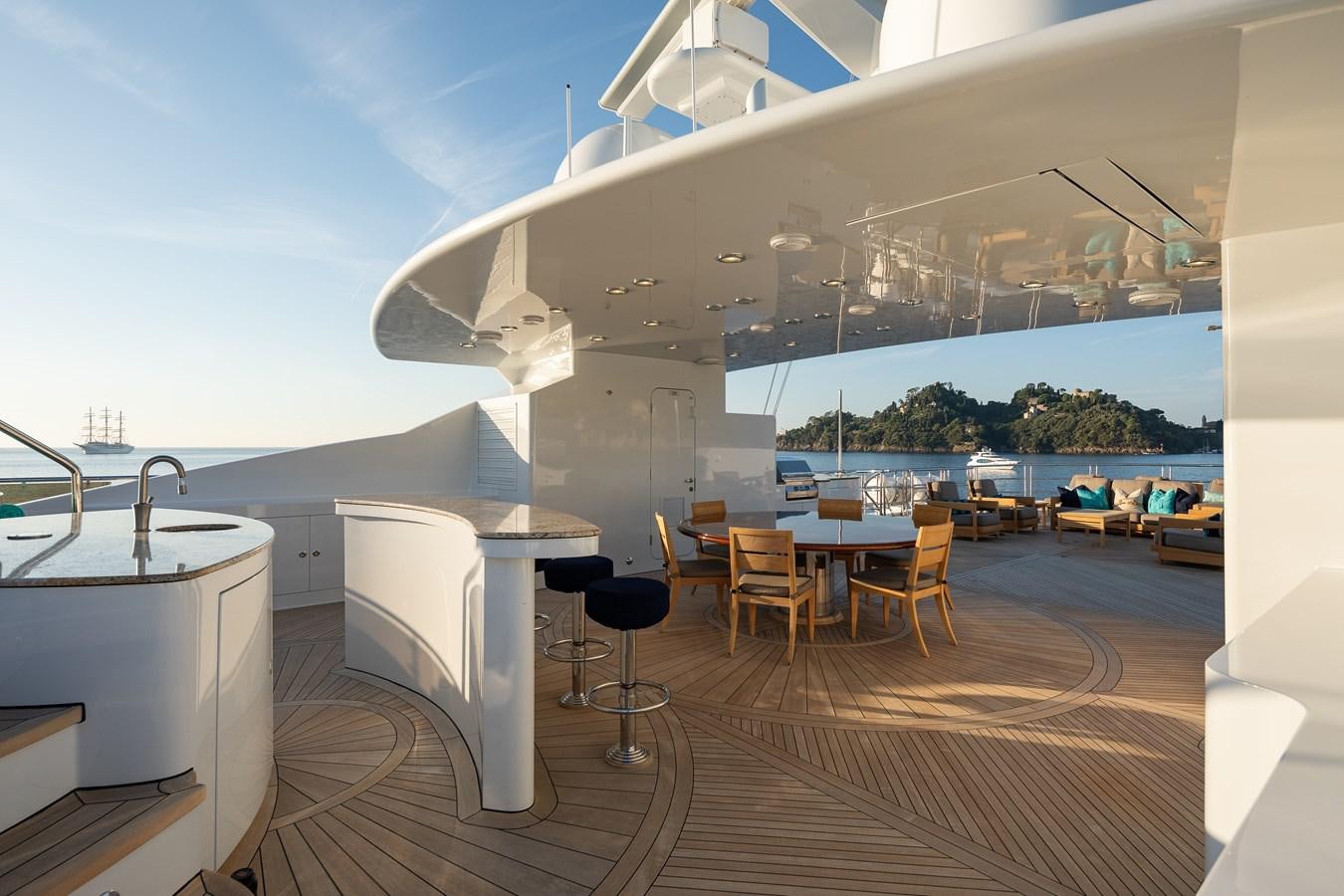 a modern looking kitchen with a large open window aboard SKYFALL Yacht for Sale